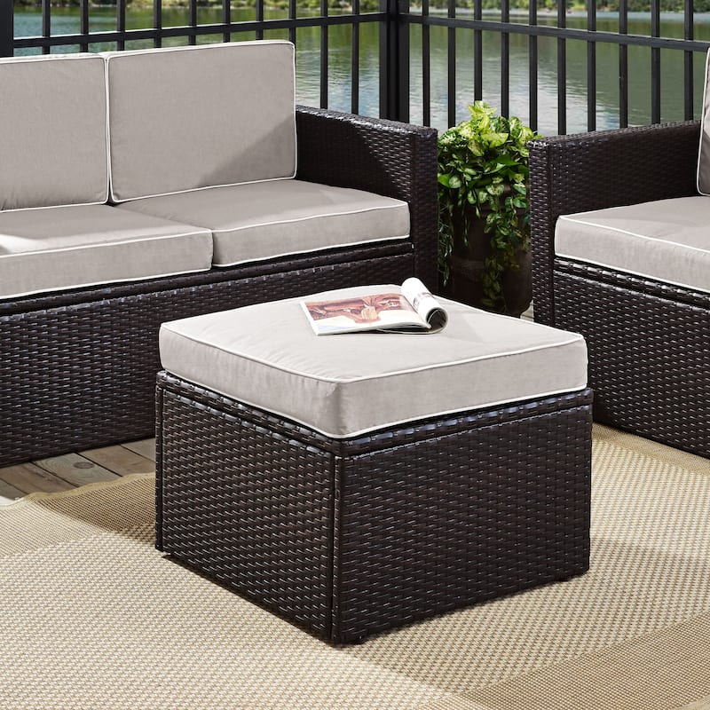 Palm Harbour Wicker Ottoman in Brown with Gray Cushions - Brown