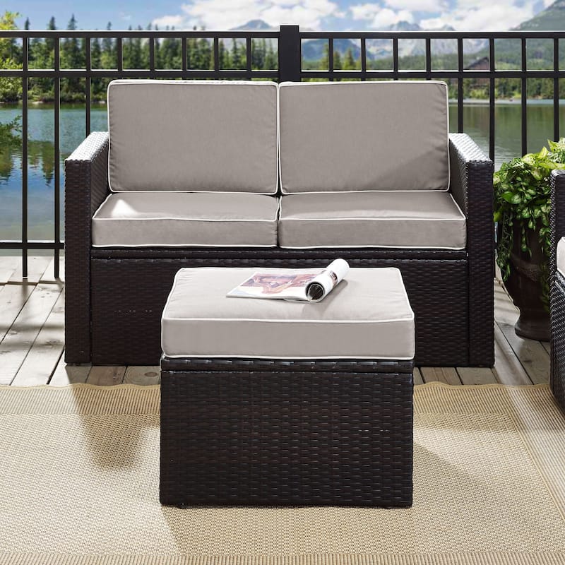 Palm Harbour Wicker Ottoman in Brown with Gray Cushions