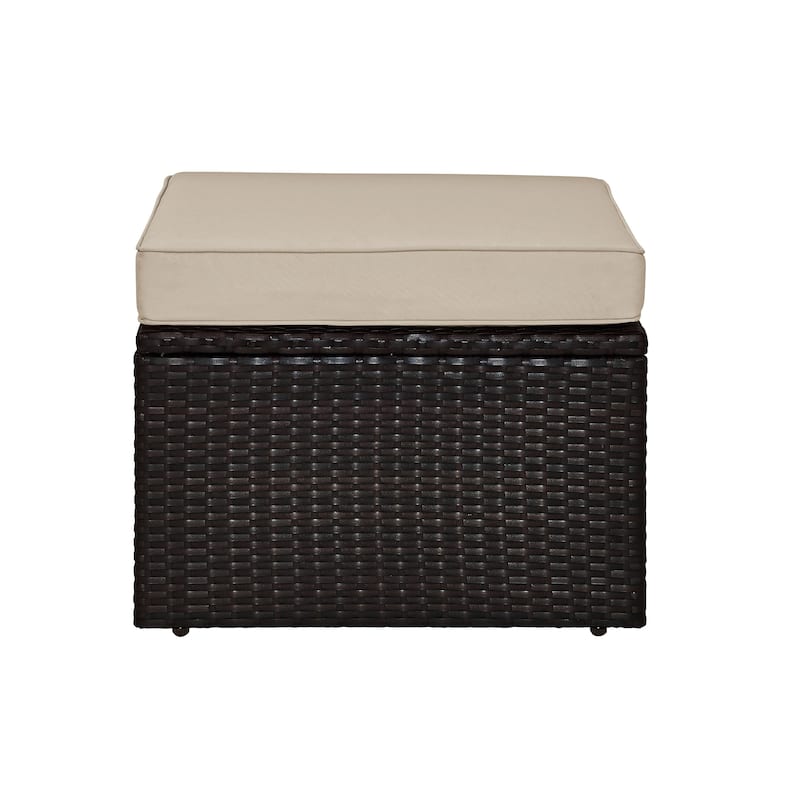 Palm Harbor Outdoor Wicker Ottoman in Brown with Sand Cushions