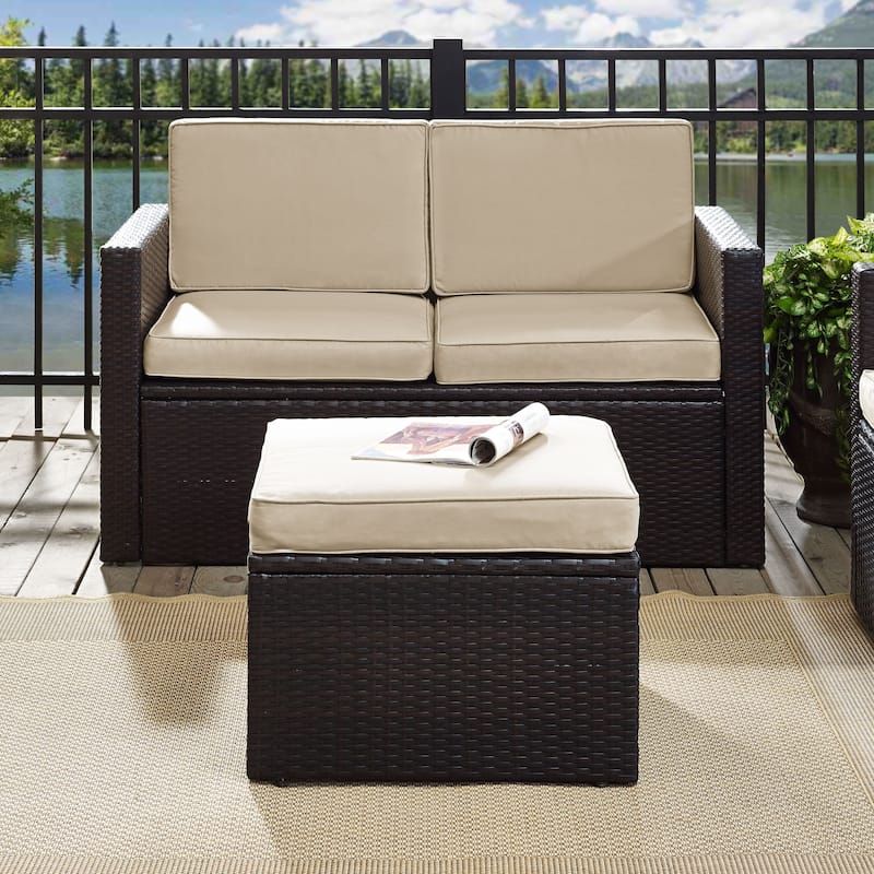 Palm Harbor Outdoor Wicker Ottoman in Brown with Sand Cushions