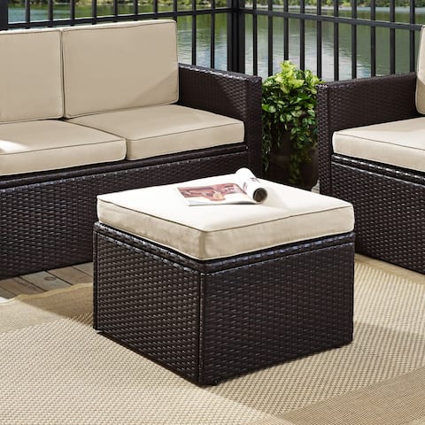 Palm Harbor Outdoor Wicker Ottoman in Brown with Sand Cushions