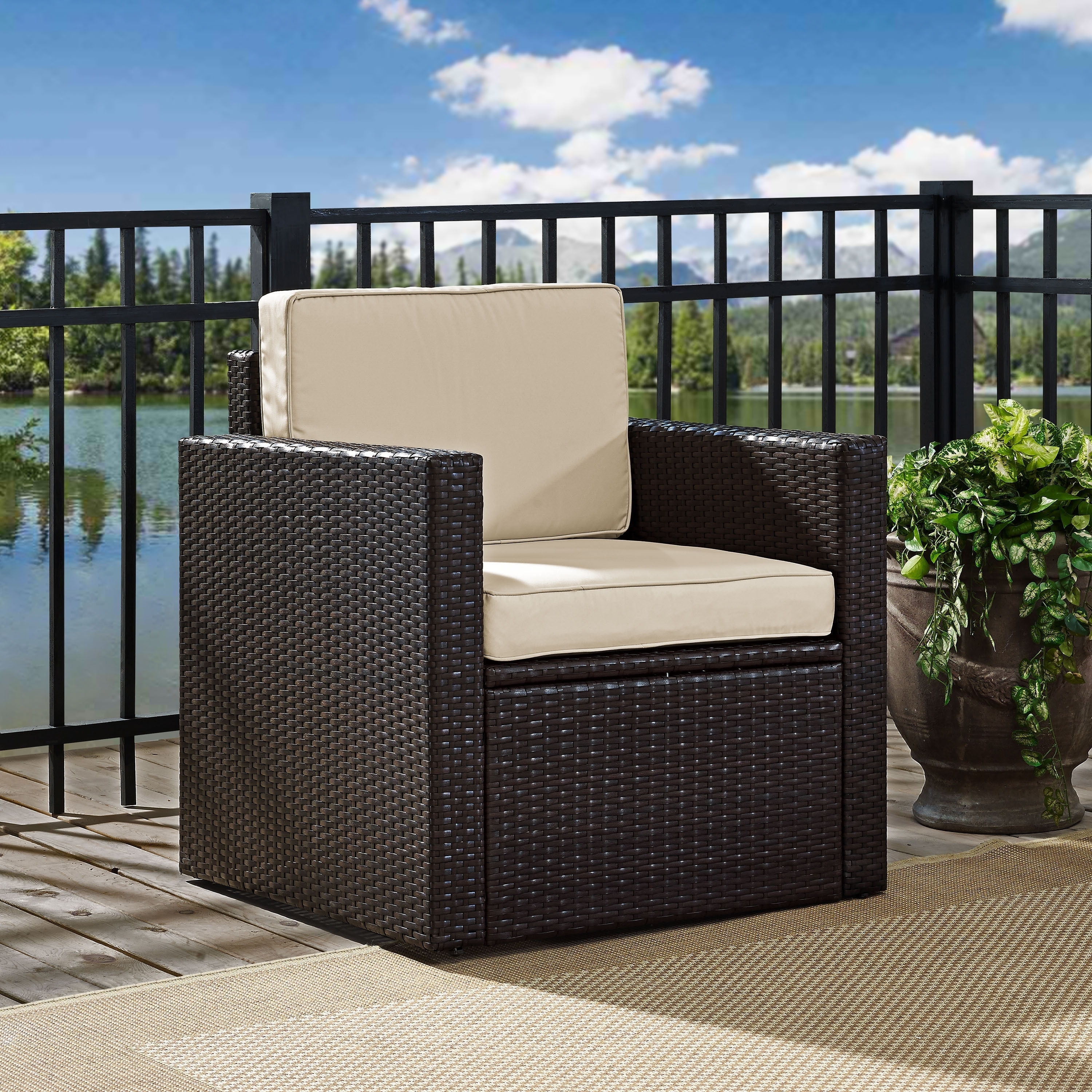 Home Garden Patio Chairs Swings Benches Crosley Palm Harbor Wicker Patio Arm Chair With Sand Cushions Stbalia Ac Id