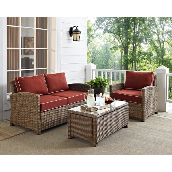 slide 2 of 6, Crosley Bradenton Outdoor Wicker 3-Piece Seating Set with Sangria Cushions