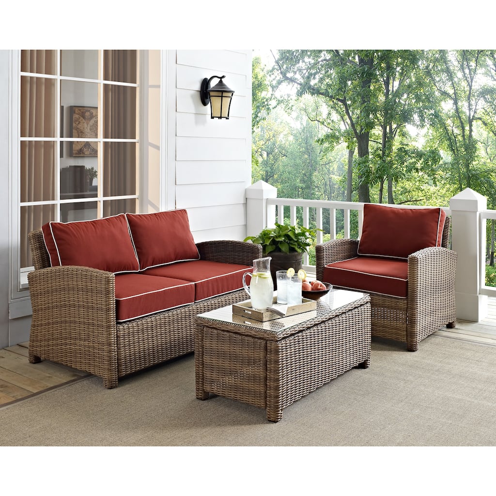 Crosley Bradenton Outdoor Wicker 3-Piece Seating Set with Sangria Cushions