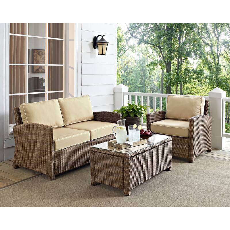 Crosley Bradenton Outdoor Wicker 3-Piece Seating Set with Sand Cushions