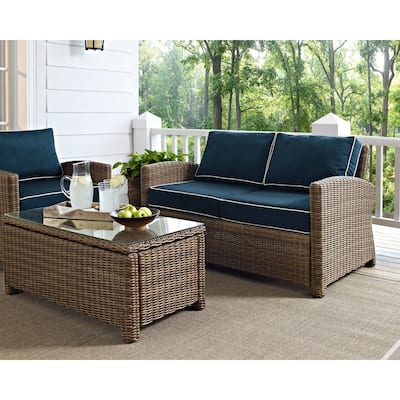 Crosley Bradenton Outdoor Wicker Loveseat with Navy Cushions
