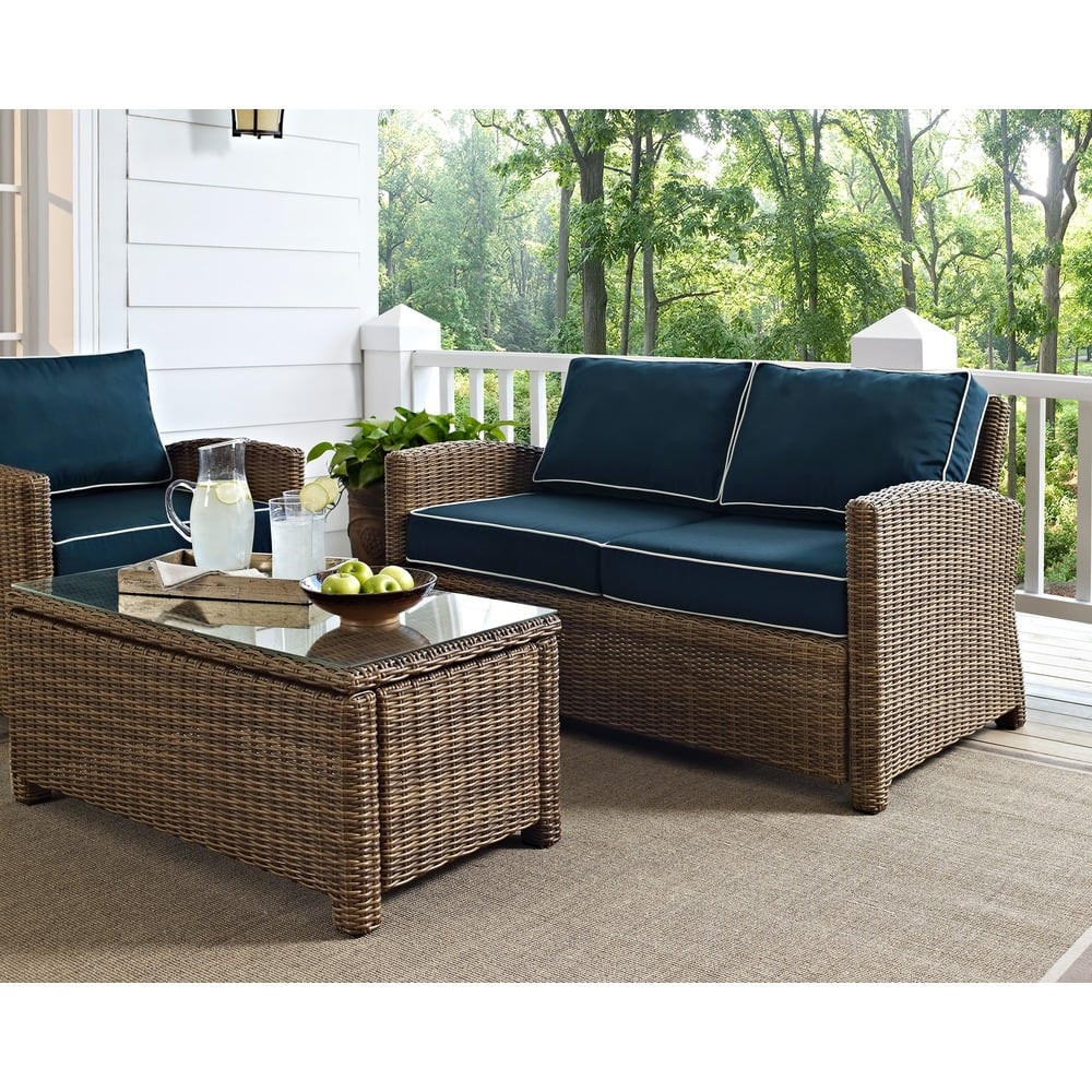 Crosley Bradenton Outdoor Wicker Loveseat with Navy Cushions