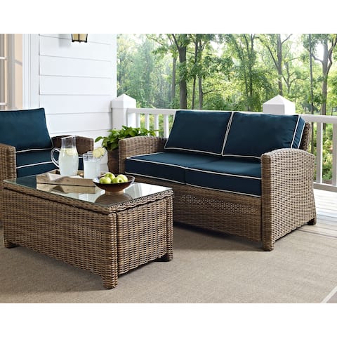 Bradenton Outdoor Wicker Loveseat with Navy Cushions