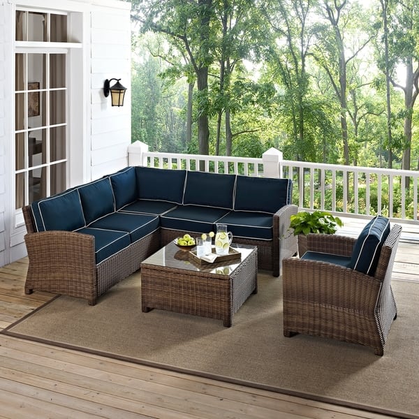 slide 1 of 17, Bradenton 5-Piece Outdoor Wicker Seating Set with Navy Cushions