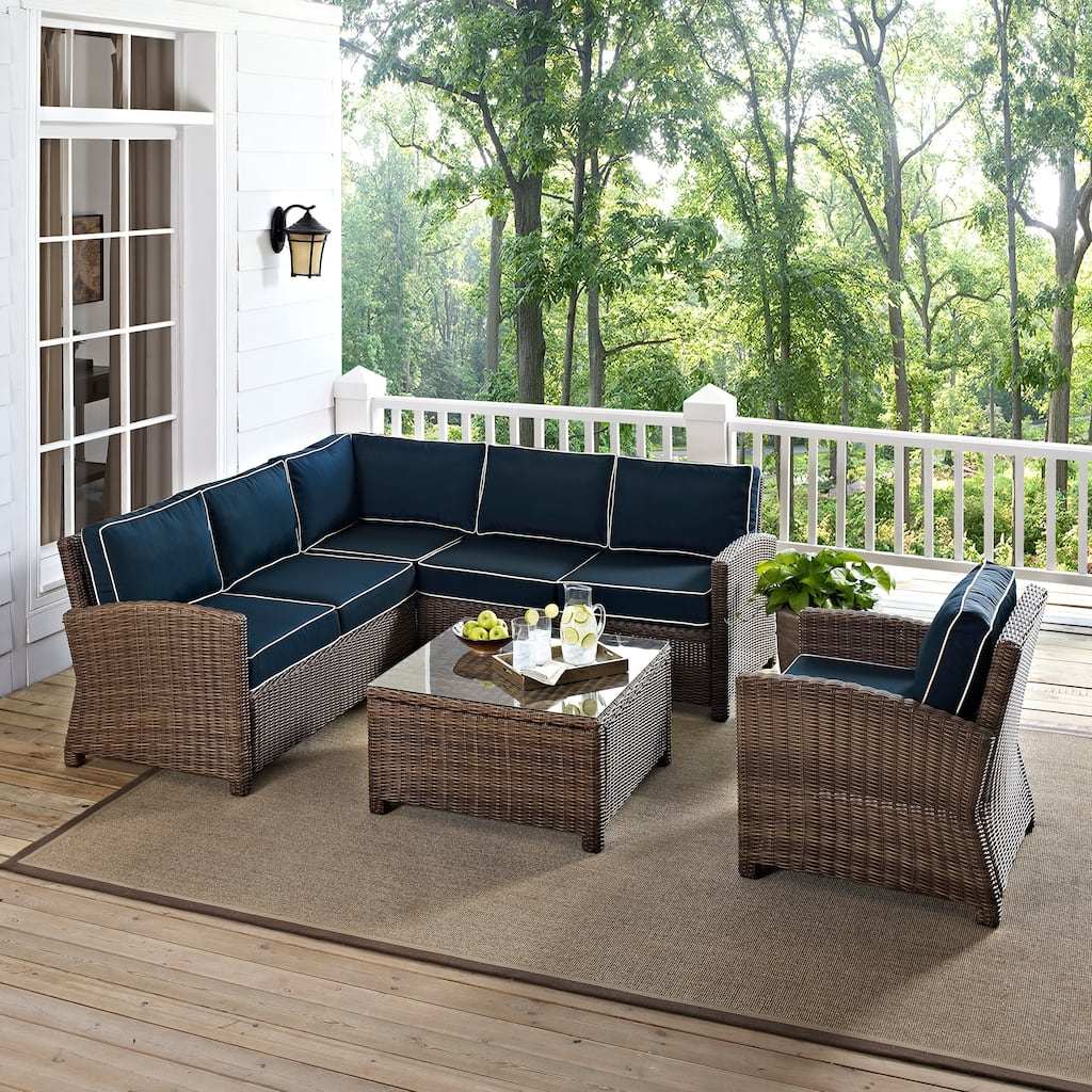 Crosley Bradenton 5-Piece Outdoor Wicker Seating Set with Navy Cushions