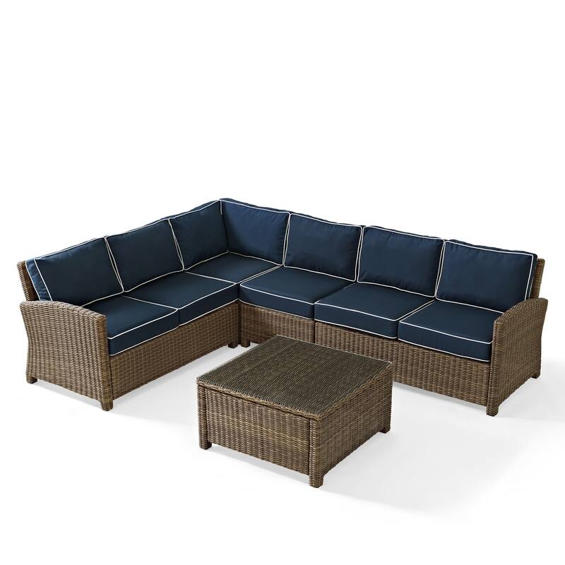 Crosley Bradenton 5-Piece Outdoor Wicker Seating Set with Navy Cushions - 109.25 "W x 84.25 "D x 32.5 "H