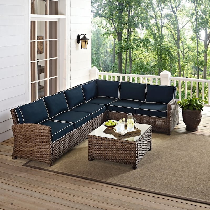 Crosley Bradenton 5-Piece Outdoor Wicker Seating Set with Navy Cushions - 109.25 "W x 84.25 "D x 32.5 "H