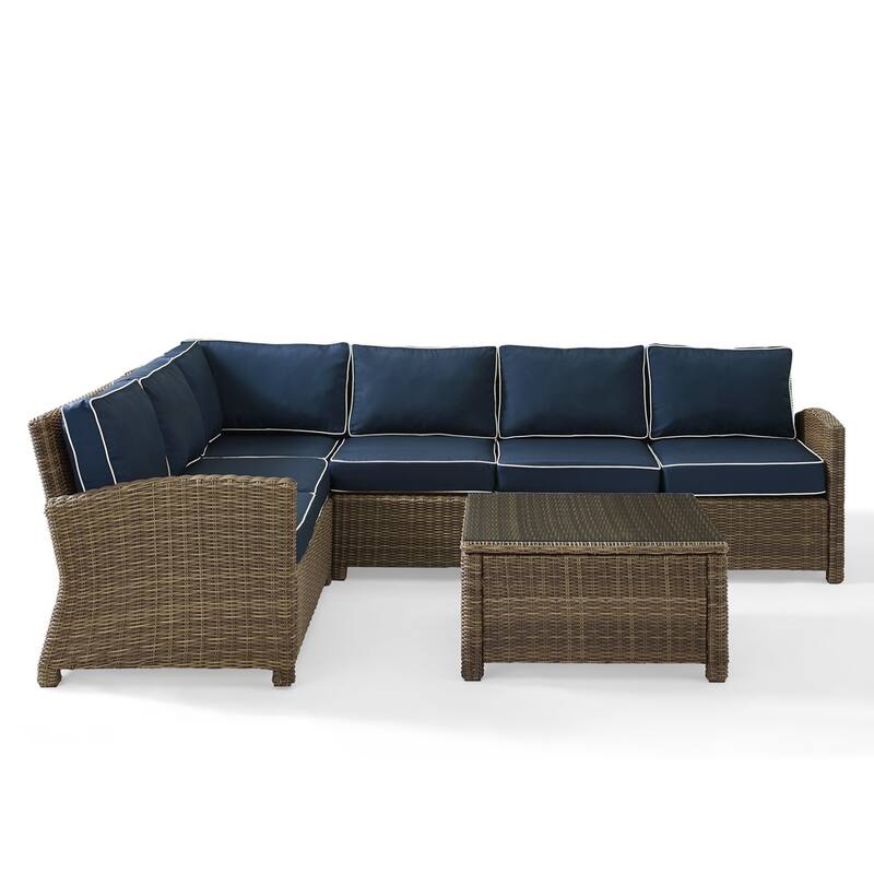 Crosley Bradenton 5-Piece Outdoor Wicker Seating Set with Navy Cushions - 109.25 "W x 84.25 "D x 32.5 "H