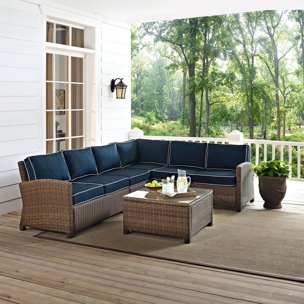 Crosley Bradenton 5-Piece Outdoor Wicker Seating Set with Navy Cushions - 109.25 "W x 84.25 "D x 32.5 "H