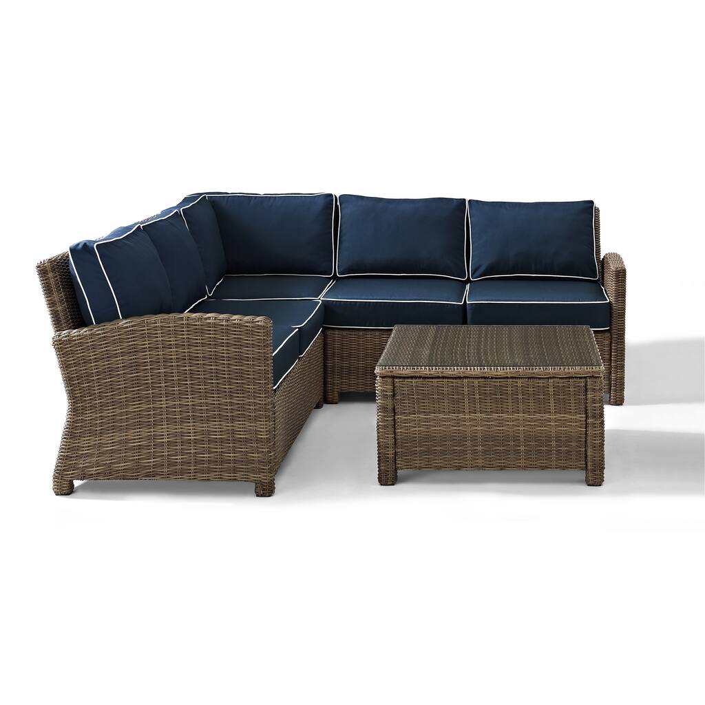 Crosley Bradenton Outdoor Wicker 4-Piece Sectional Seating Set with Navy Cushions