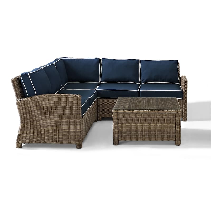Crosley Bradenton Outdoor Wicker 4-Piece Sectional Seating Set with Navy Cushions
