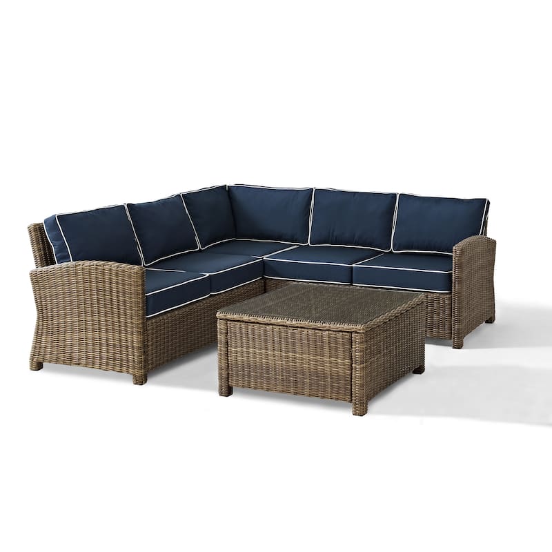 Crosley Bradenton Outdoor Wicker 4-Piece Sectional Seating Set with Navy Cushions