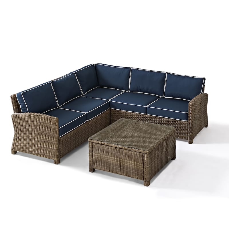 Crosley Bradenton Outdoor Wicker 4-Piece Sectional Seating Set with Navy Cushions