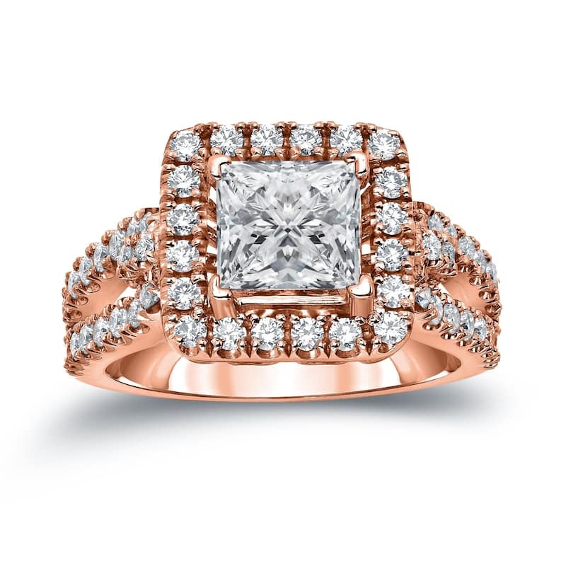 Auriya Modern 1 3/4ctw Princess-Cut Halo Diamond Engagement Ring 14k Gold Certified (H-I, SI1-SI2) - 4 - Rose