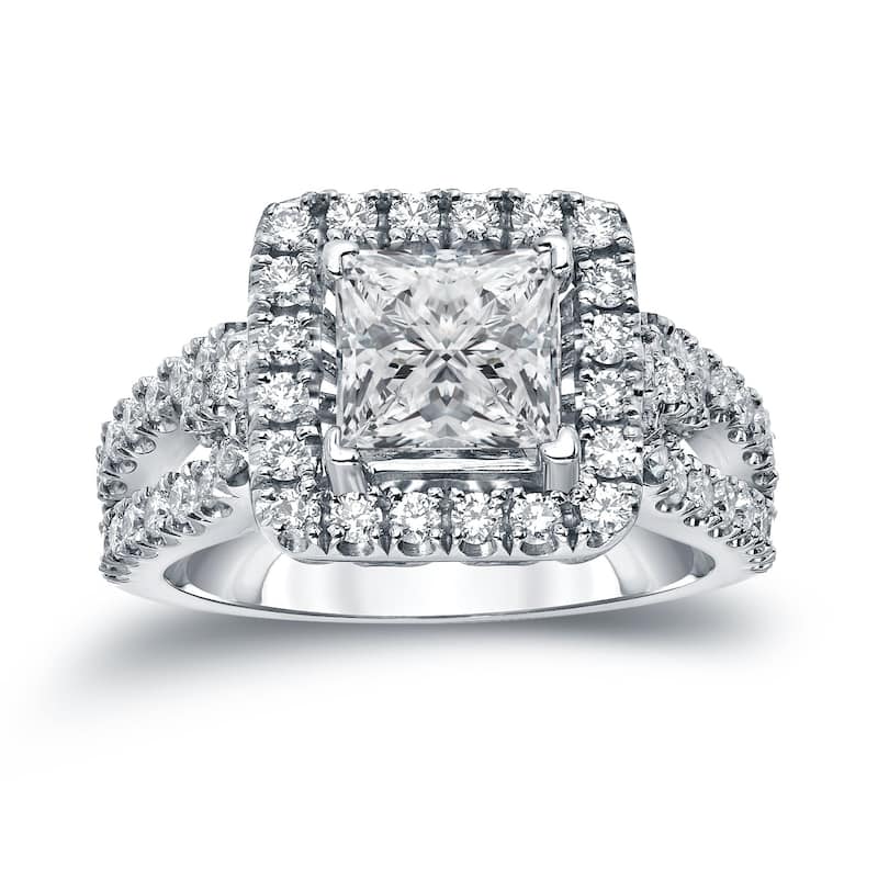 Auriya Modern 1 3/4ctw Princess-Cut Halo Diamond Engagement Ring 14k Gold Certified (H-I, SI1-SI2) - 4 - White