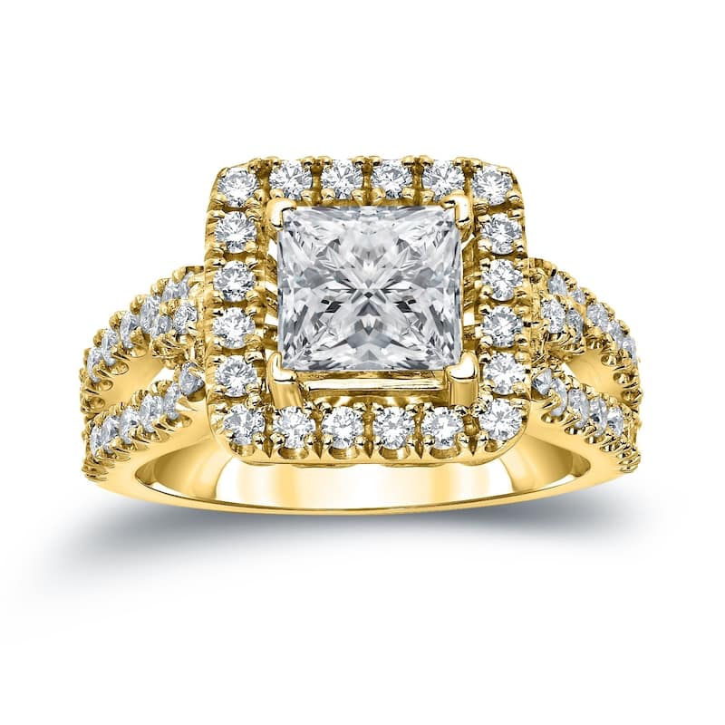 Auriya Modern 1 3/4ctw Princess-Cut Halo Diamond Engagement Ring 14k Gold Certified (H-I, SI1-SI2) - 4 - Yellow