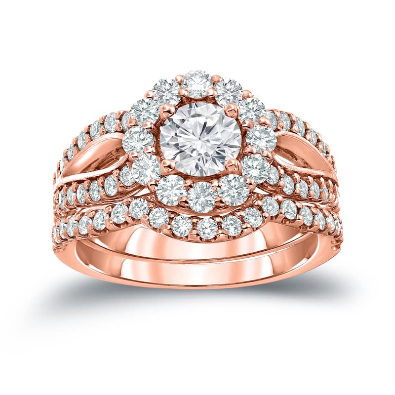 Auriya 14k Gold Round 2 1/3ct TDW Certified Diamond Halo Engagement Ring Set