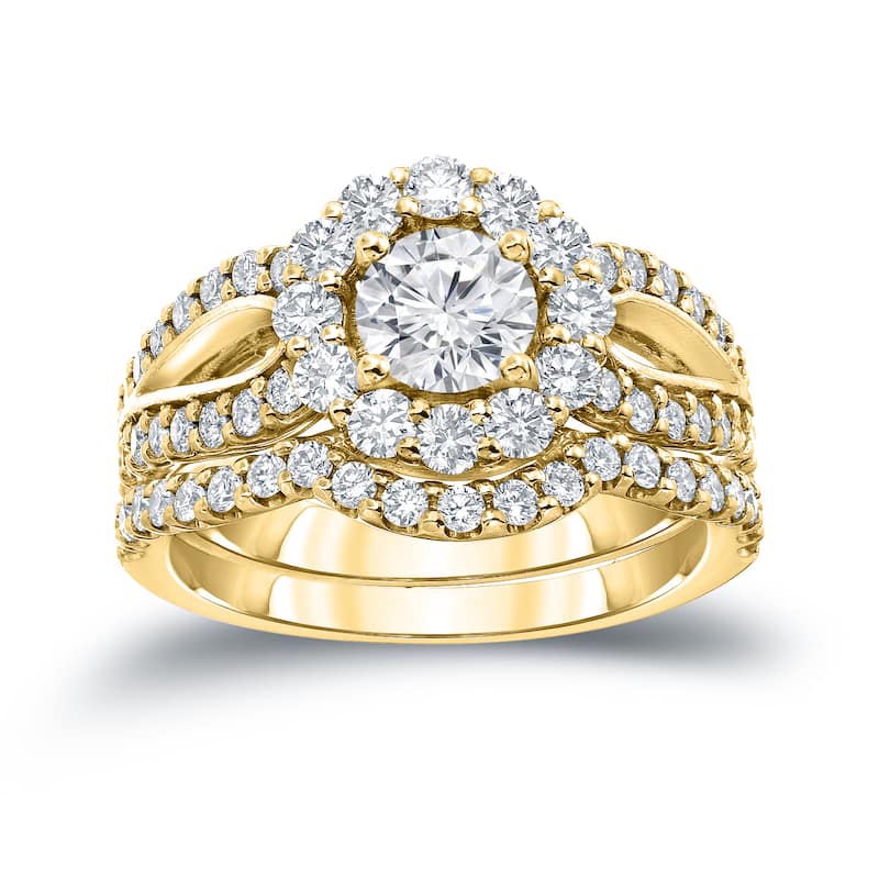 Auriya 14k Gold Round 2 1/3ct TDW Certified Diamond Halo Engagement Ring Set