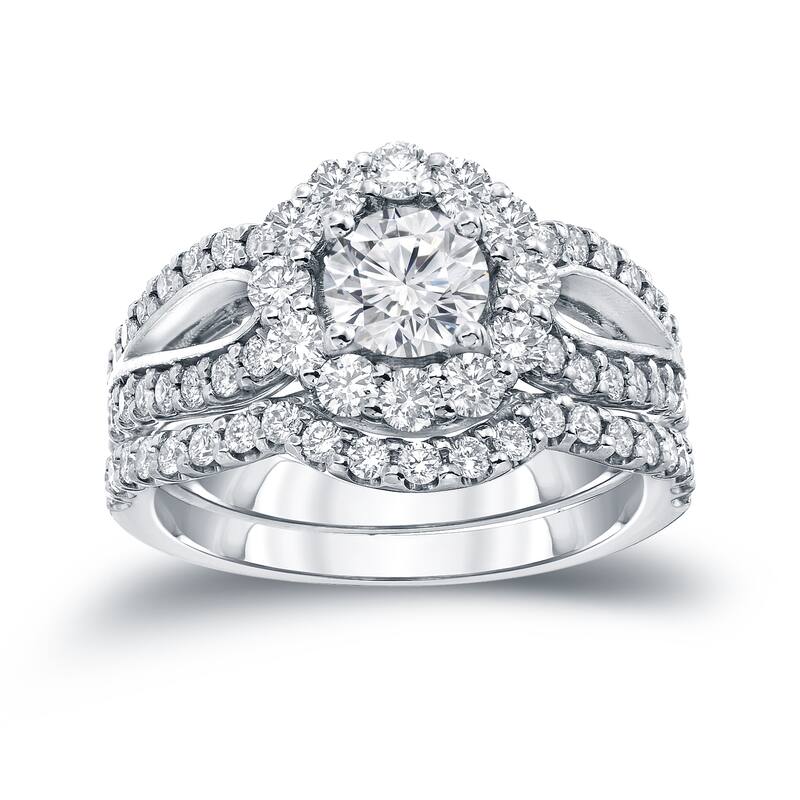Auriya 14k Gold Round 2 1/3ct TDW Certified Diamond Halo Engagement Ring Set