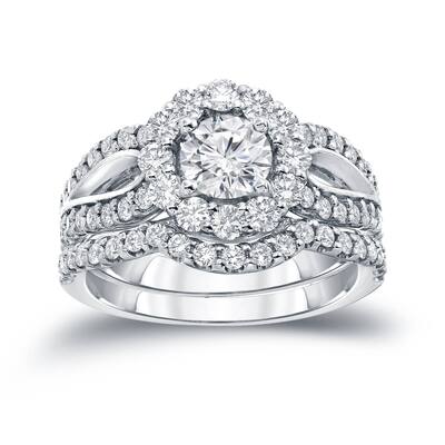 Auriya 14k Gold Round 2 1/3ct TDW Certified Diamond Halo Engagement Ring Set