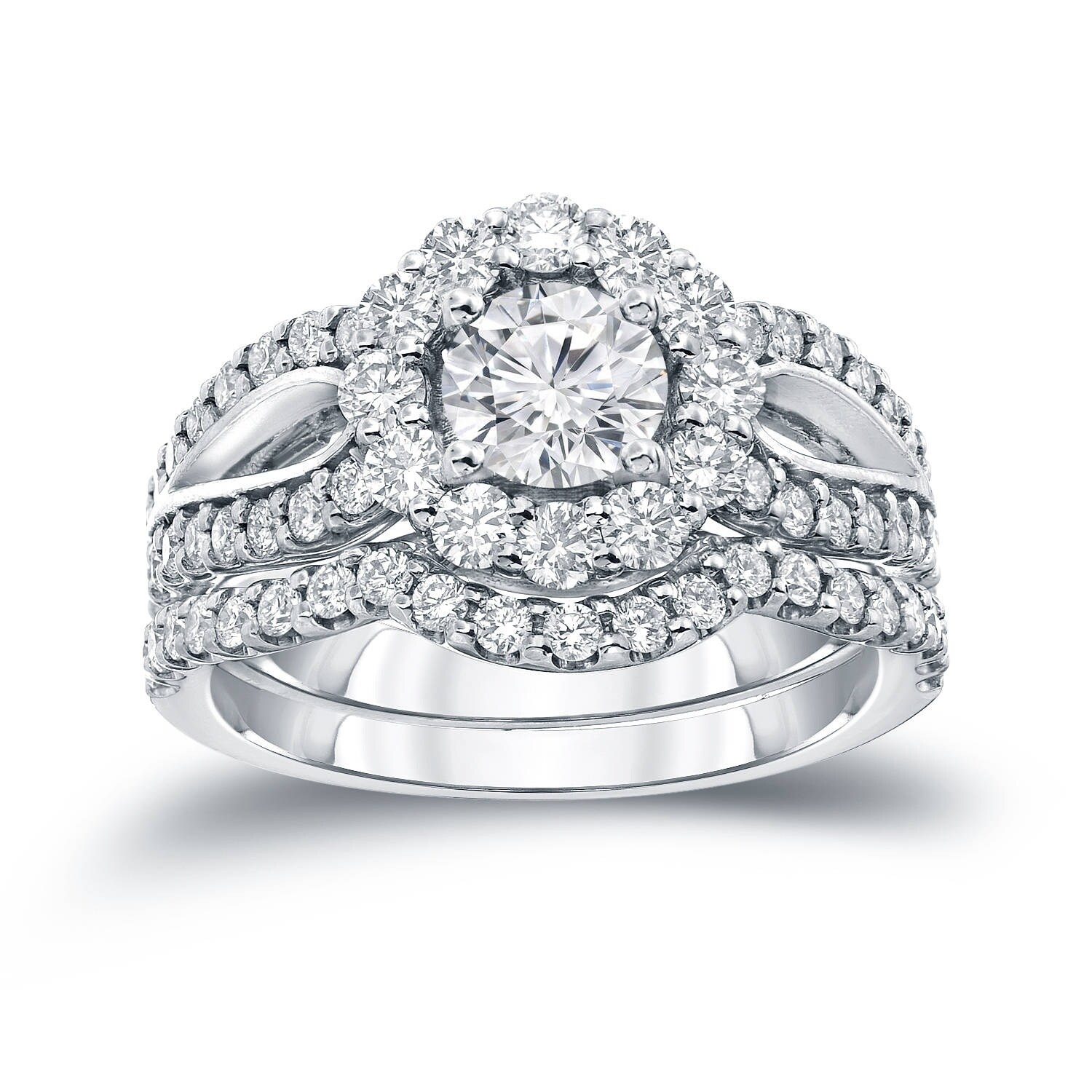 Auriya 14k Gold Round 2 1/3ct TDW Certified Diamond Halo Engagement Ring Set