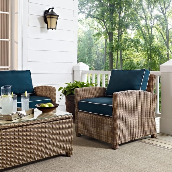 Bradenton Outdoor Wicker Arm Chair with Navy Cushions On Sale