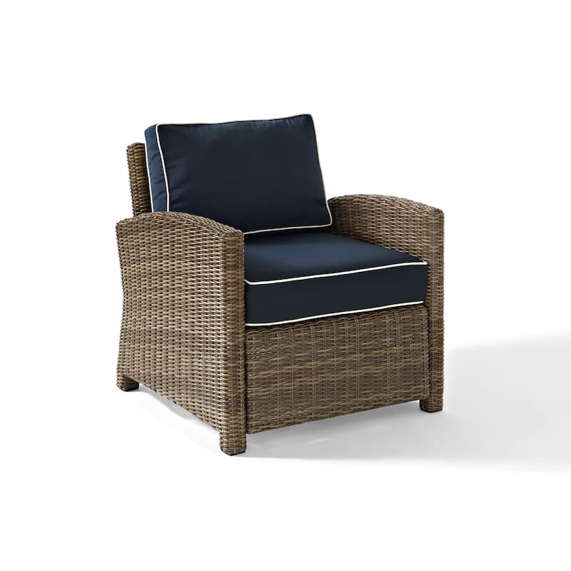 Crosley Bradenton Outdoor Wicker Arm Chair with Navy Cushions
