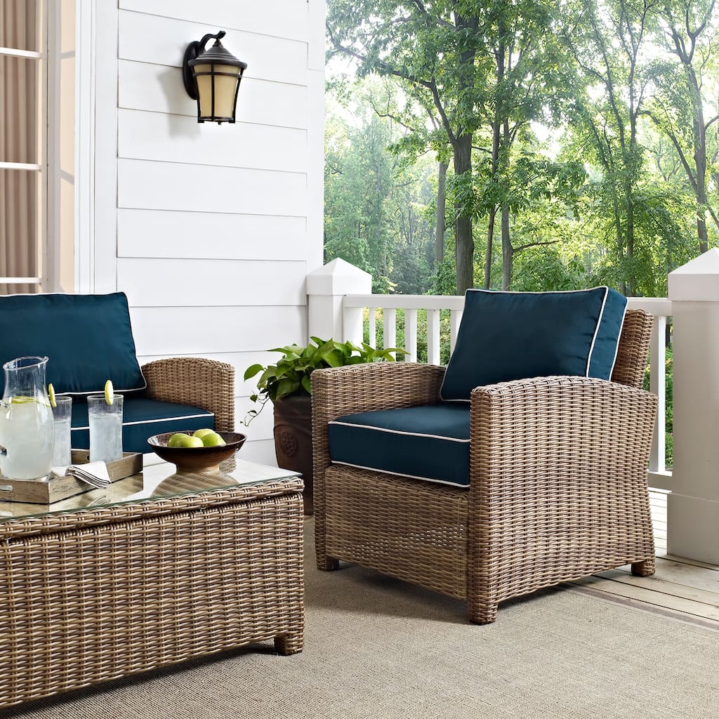Crosley Bradenton Outdoor Wicker Arm Chair with Navy Cushions