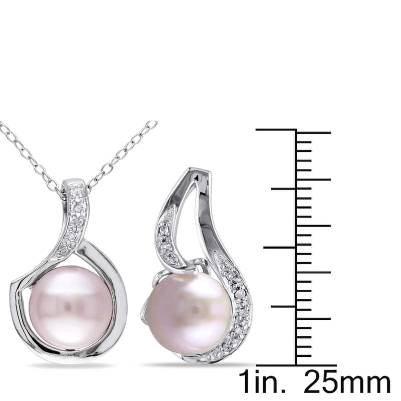 Miadora Sterling Silver Cultured Freshwater Pink Pearl 1/10ct TDW Diamond Swirl Necklace and Earrings Set (G-H, I2-I3)