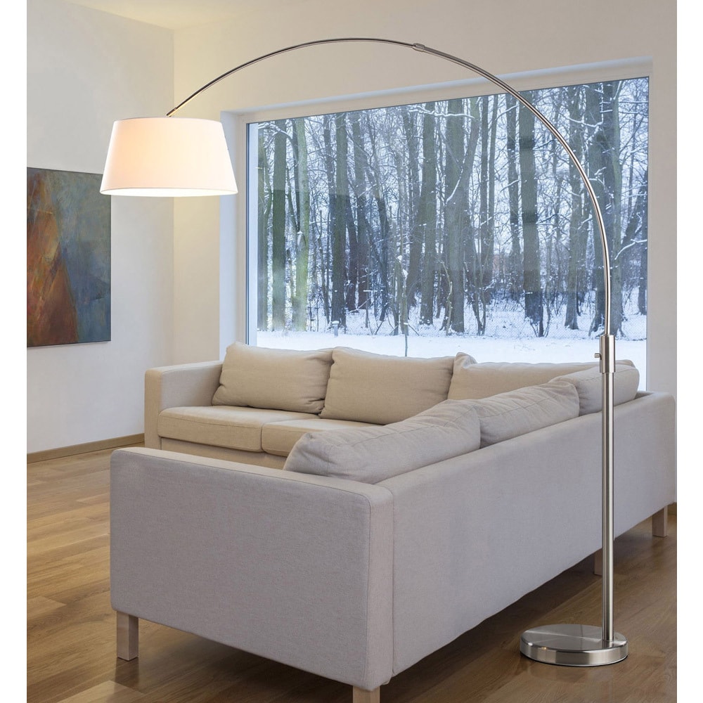 Orbita 82-inch Brushed Nickle Retractable Arch Dimmable Floor Lamp with 15W  LED bulb and White Shade Bed Bath  Beyond 14790776