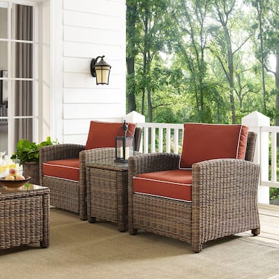 Crosley Bradenton Outdoor All-Weather Wicker 3-Piece Conversation Set with Sangria Cushions
