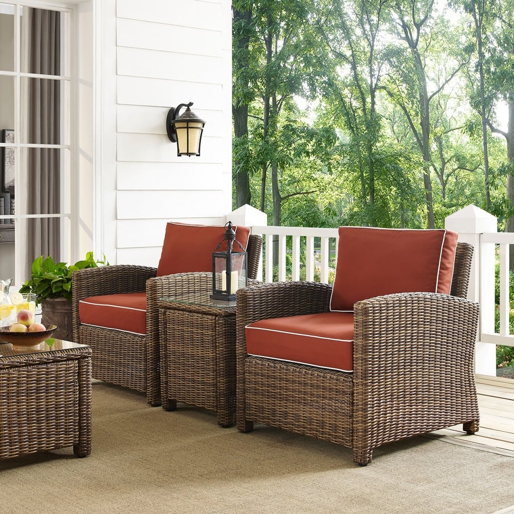 Crosley Bradenton Outdoor All-Weather Wicker 3-Piece Conversation Set with Sangria Cushions
