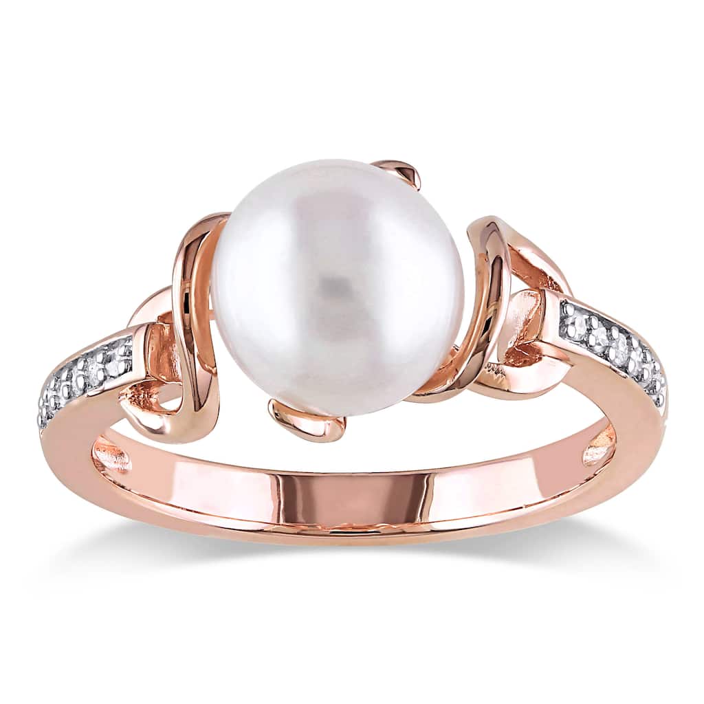 Miadora Rose Gold Plated Sterling Silver Cultured Freshwater Pearl and Diamond Solitaire Twist State - White