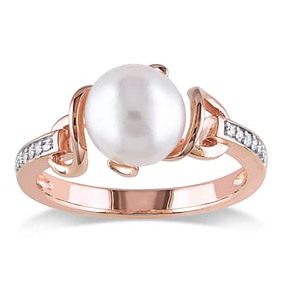 Miadora Rose Gold Plated Sterling Silver Cultured Freshwater Pearl and Diamond Solitaire Twist State - White