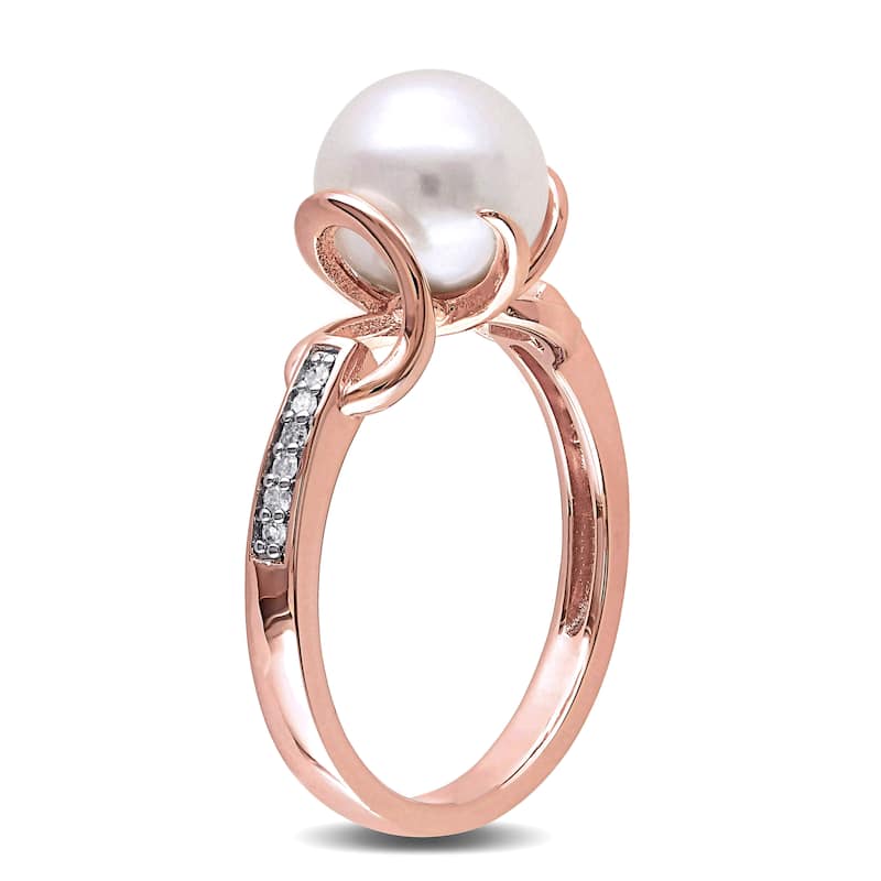 Miadora Rose Gold Plated Sterling Silver Cultured Freshwater Pearl and Diamond Solitaire Twist State - White