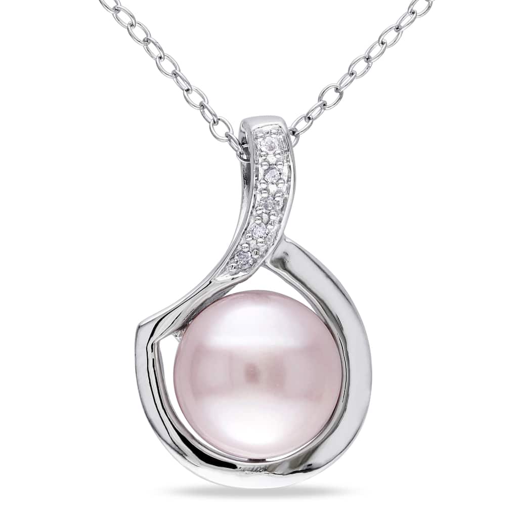 Miadora Sterling Silver Pink Cultured Freshwater Pearl and Diamond Accent Floating Swirl Dangle Necklace (9-9.5 mm)