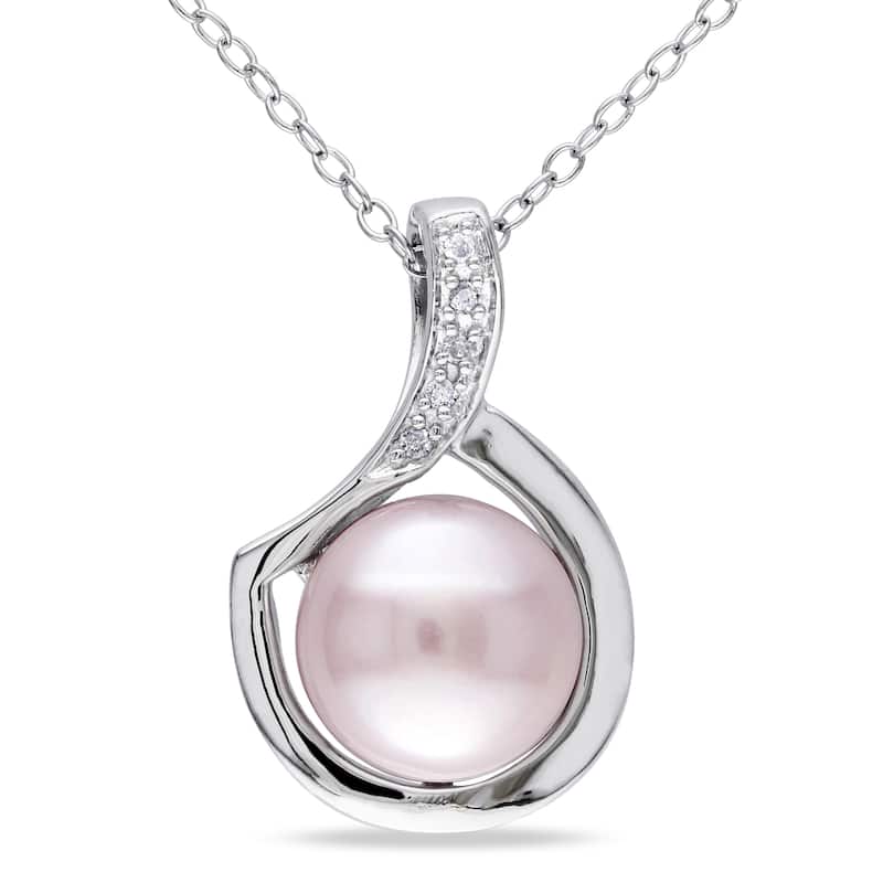 Miadora Sterling Silver Pink Cultured Freshwater Pearl and Diamond Accent Floating Swirl Dangle Necklace (9-9.5 mm)