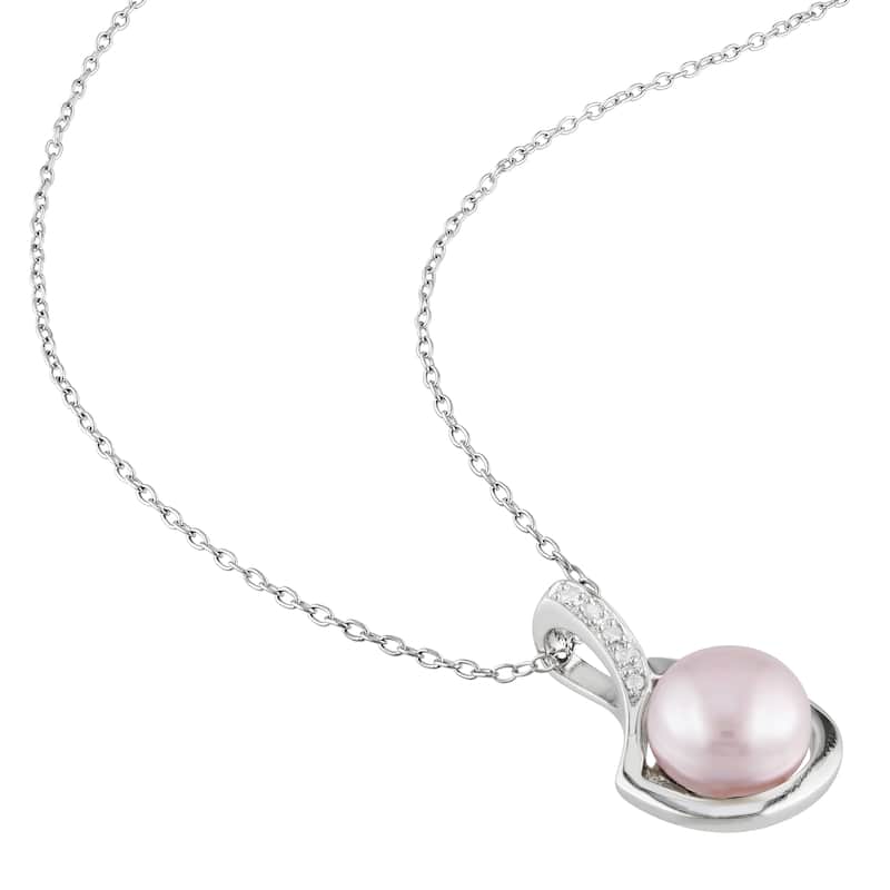 Miadora Sterling Silver Pink Cultured Freshwater Pearl and Diamond Accent Floating Swirl Dangle Necklace (9-9.5 mm)