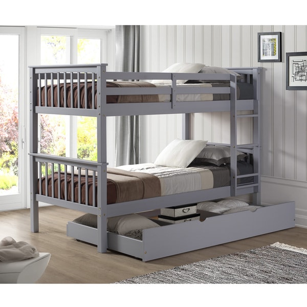 Shop Solid Wood Twin Bunk Bed with Trundle Bed  Grey  Free Shipping Today  Overstock.com 