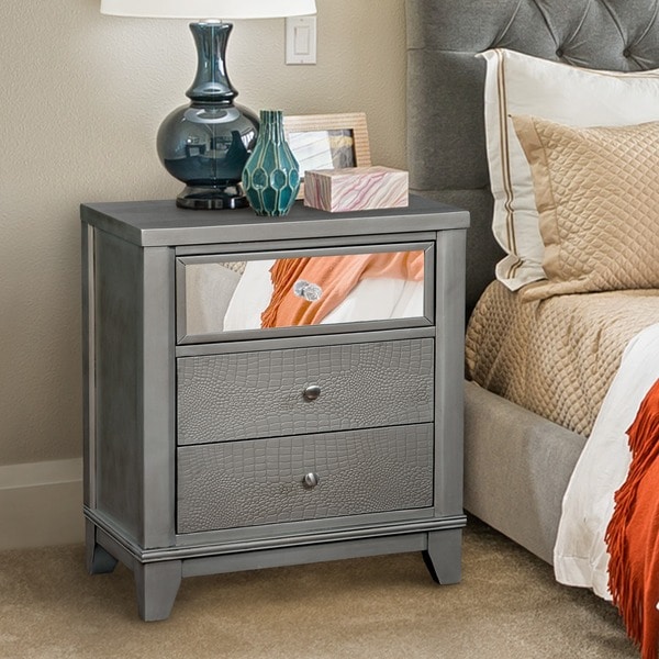Furniture Of America Lorrence Contemporary 3 Drawer Mirrored Furniture Of America Lorrence Contemporary 3 Drawer Mirrored Crocodile Textured Nightstand