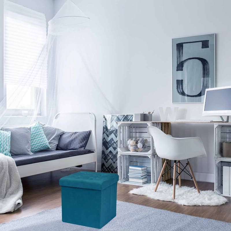 Foldable Storage Ottoman - Suede with Cover (Teal)