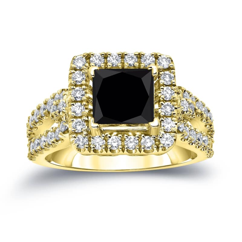 Auriya 14k Gold 1 3/4ctw Princess-cut Halo Black Diamond Engagement Ring - 4 - Yellow