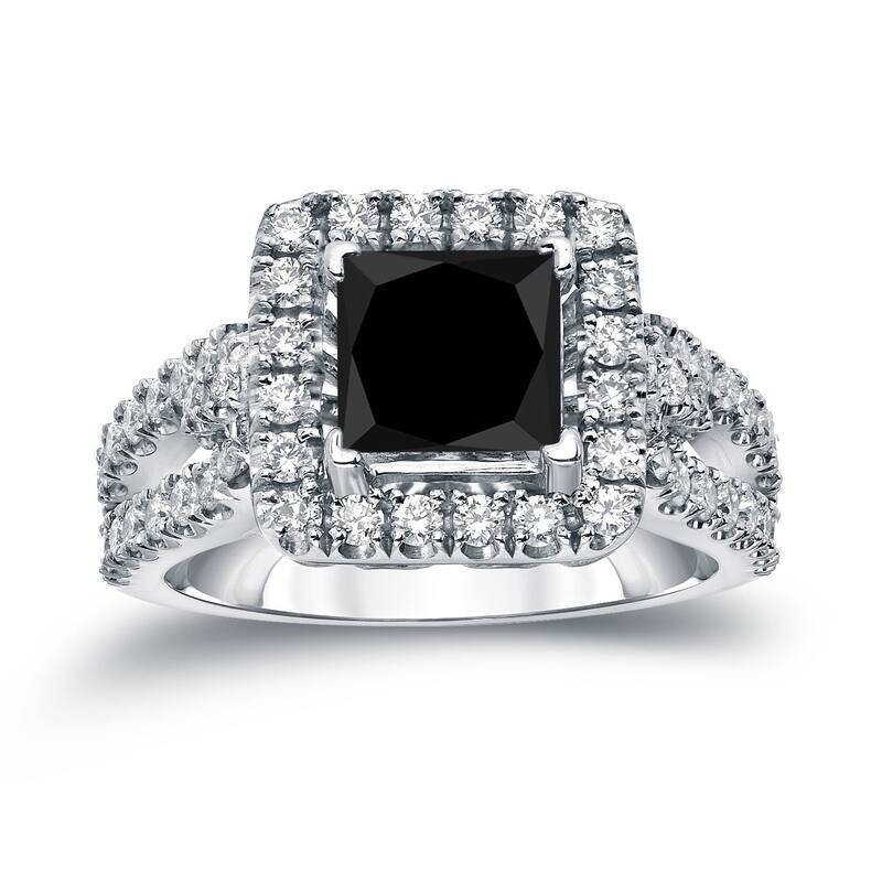 Auriya 14k Gold 1 3/4ctw Princess-cut Halo Black Diamond Engagement Ring - 4 - White