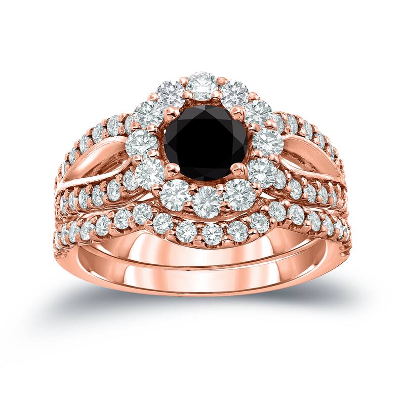 Auriya 14k Gold 2 1/3ctw Halo Black Diamond Engagement Ring Set