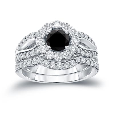 Auriya 14k Gold 2 1/3ctw Halo Black Diamond Engagement Ring Set
